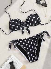 2025 New Sexy Polka Dot Print Halter Neck Tie Front Frill Trim Top And Side Ruffle Tie Front Bottom 2 Pieces Bikini Set - Black and White - View 5
