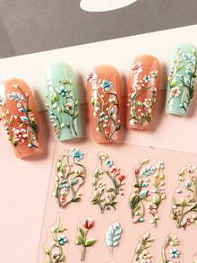 2pcs 5D Embossed Green Vine Leaf Floral Bouquet Nail Art Stickers, Fresh Colorful Blooming Five Petal Flower Leaf Nail Decals Wedding Nails Designs DIY Nail Supplies Relief Charms Decoration - Green - View 4