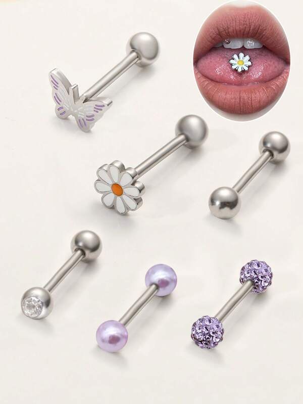 6 Stücke süße Zungenpiercing-Schmucksets aus Edelstahl, Schmetterling, Blumen, Kätzchen, Herz, Fuß, Schwein Designs, 14G Zungenschmuck, geeignet für den täglichen Gebrauch von Frauen