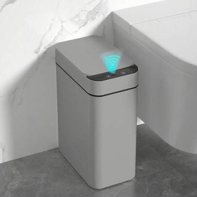 1pc 12L Automatic Touchless Trash Can, Waterproof Electric Slim Plastic Smart Garbage Bin, Grey, Batteries Not Included