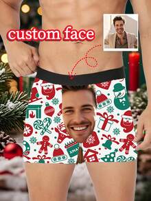Calzoncillos bóxer blancos para hombre con estampado personalizado de cara, estampado de muñeco de nieve y hombre de jengibre de dibujos animados navideños, ropa interior personalizada con foto, regalo de Navidad para novio/esposo - Blanco - Ver 5