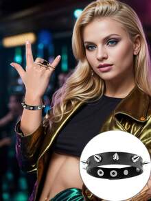 Xiacheng 1/3/4件套女士朋克摇滚手链套装 - 铆钉可调节人造革手镯，80年代Emo哥特机车风，男女皆宜的另类时尚