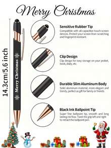 1/3/5pcs Luxury Metal Retractable Ballpoint Pens With "Merry Christmas" Text And Snowflake Icon, Smooth Writing, Touchscreen Compatibility, Black Ink, The Best Christmas Gift - Perfect For Home And Back To School Office Gifts. - A - View 2