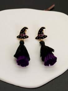 زوج من أقراط قبعة ساحرة هالوين، بتصميم تباين أسود وبنفسجي مع شرابات، إكسسوار عطلة مضحك، مناسب لحفلة هالوين، هدية