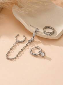 3pcs/Set Delicate Cubic Zirconia Earring Chain Clip-On Stud Earrings For Women, Daily & Party Jewelry (Quantity Suitable For One Ear) - Silver - View 3