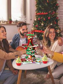 1 Juego de 3 niveles de soporte para cupcakes con decoración de tema navideño, mesa de postres de Feliz Navidad, soporte de exhibición de papel para cupcakes y postres navideños, torre de postres de frutas, apto para Navidad, fiestas temáticas, mesas de postres