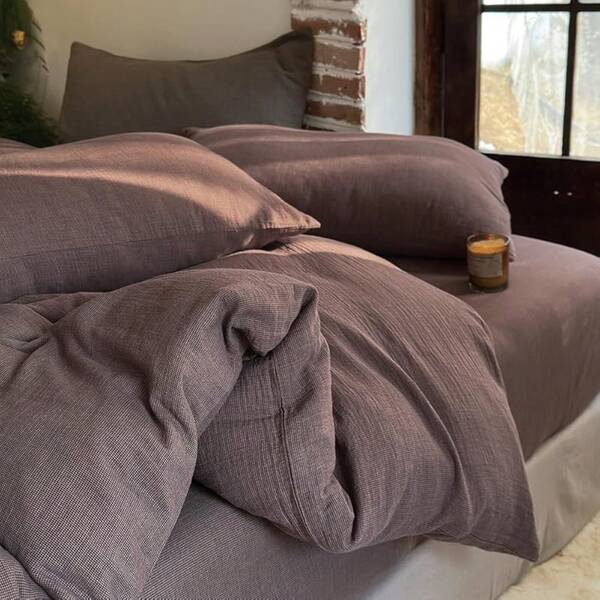 % Muslin Cotton Houndstooth Duvet Cover Size, 2-Layer Small Checked Lightweight And Breathable Muslin Bedding, Linen Like Gauze Comforter Cover Set (Mocha Houndstooth,)