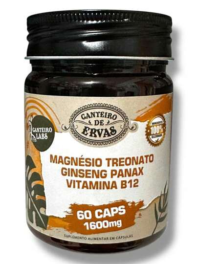 Magnésio Treonato Giseng Panax Vit.B12 1600mg 60caps Canteiro de Ervas