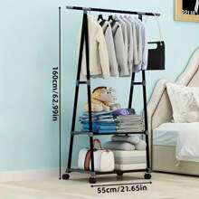 1 件多功能金属衣架，可调节杆，双层存储设计，防滑轨道，带锁定轮，家用展示架 - 彩色 - 查看 6