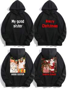 Customized Graphic Fleece Hoodie For Women, Black, Personalized With Friend/Family/Couple/Pet Photos, Suitable For Birthday, Anniversary, Valentine's Day, Halloween, Christmas, Party Gift, Autumn/Winter, Utilitarian Chic, Fall New Style Women Graphic Print,Casual Wear SS - Black - View 2