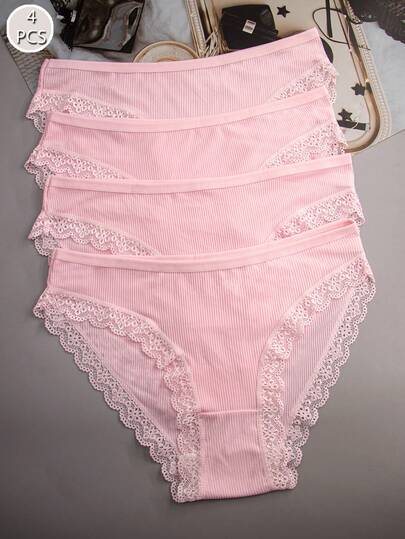 4pcs Women's Pink Letter Striped Panties, Lace Trim Design, Breathable Fabric, High Elasticity, Comfortable And Sweat-Absorbent