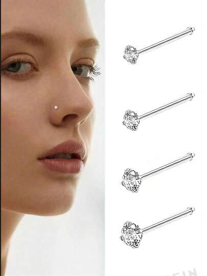 4 件/套银方晶锆石鼻钉，不锈钢迷你鼻环配人造锆石直鼻环/鼻饰，适合日常佩戴，礼物
