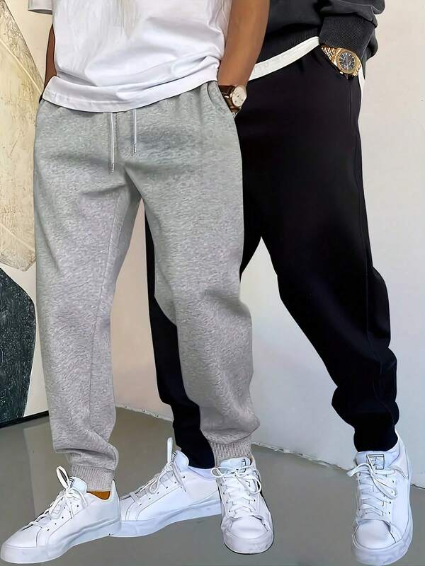 2 piezas de pantalones deportivos de unicolor para hombres, pantalones con puños acanalados, cintura elástica con cordón, pantalones deportivos de moda, pantalones para trotar, aptos para correr, ejercicio físico, viajes diarios, en colores negro, lino y gris