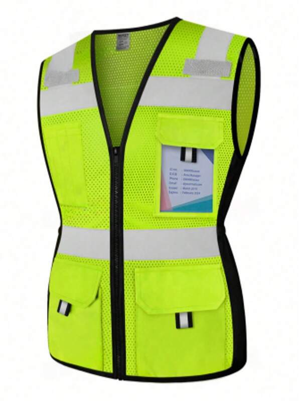 1pc Unisex High Visibility Reflective Strips Multi-Pocket Safety Vest, Yellow, For Work Use At Construction Site/Warehouse/Road
