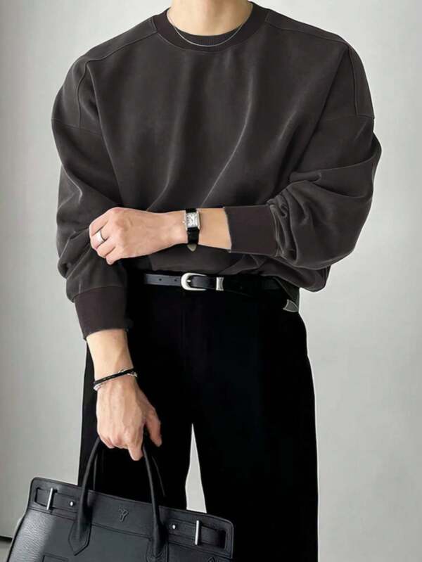 Heavy Weight High Density Suede Air Layer Crew Neck Sweatshirt For Men, Retro American College Style, Oversized Pullover Top, Spring/Autumn/Winter