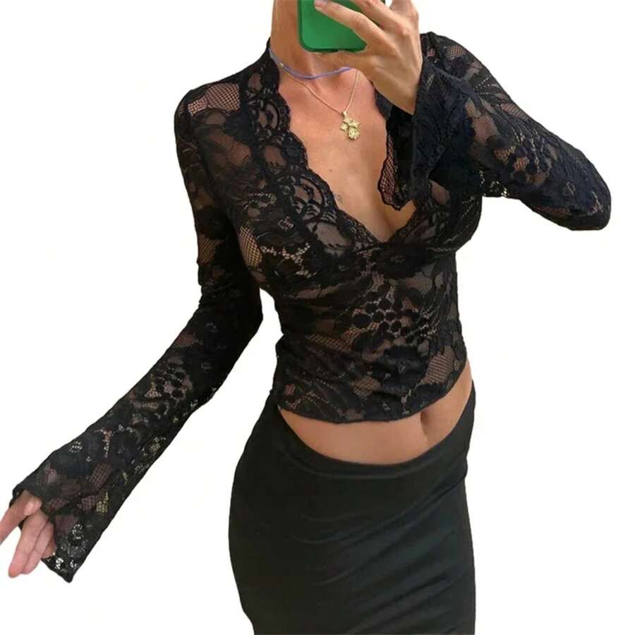 Aesthetic Lace Top Women Sexy Clothing See Through Deep V Neck Flared Long Sleeve T Shirts Party Clothes Clubwear - 如圖所示 - 查看 1