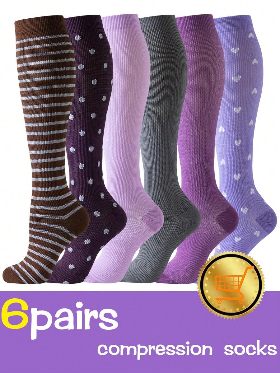 6 đôi tất nén y tá Tất nén dài đến đầu gối Tất nén bắp chân y tá Tất nén cao đến đầu gối co giãn tốt cho nam nữ Thoáng khí, chống trượt, Tất thể thao chịu áp lực tốt cho chạy bộ và đạp xe