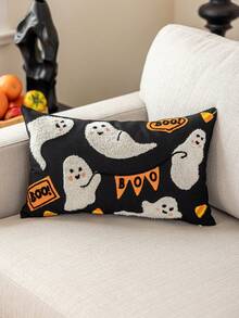 1pc Halloween Ghost& Bat & Pumpkins Polyester Canavas Cushion Cover With Exquisited Embroidered, No Pillow Core, Home Decor Pillow Case Room Decor Pillow Cases Cushion Covers Halloween Decor
