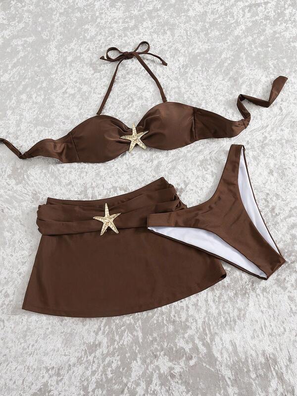 3-teiliges Set: Damen sexy minimalistisches einfarbiges Camisole-Top mit Stern-Dekor, kurzer Rock mit Stern-Dekor und Bikini-Badeanzug
