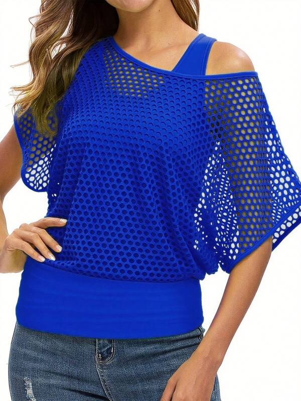 Women's Summer Fashion Casual Knitwear, Green Fishnet T-Shirt Top, Sleeveless Vest Two Pieces Set