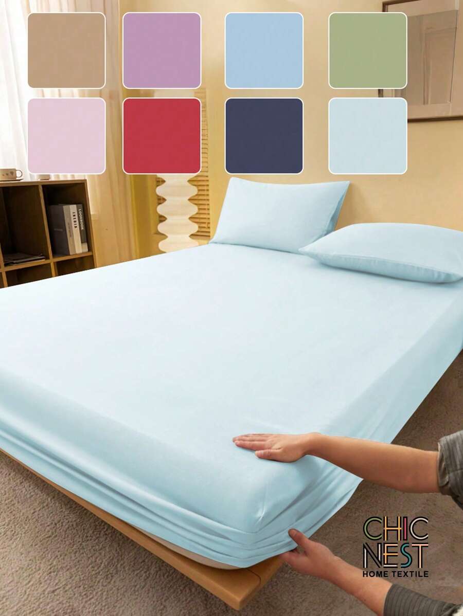 2/3pcS Solid Color Light Blue Fitted Sheet Set (1Pc Fitted Sheet+1/2pcs Pillowcases), Mattress Protector, Mattress Cover For Bed, Bed Sheet Set, Soft And Breathable, For All Size Bed -Twin, Full, King, Queen Size Sheet Deep Pocket Up To 11.8 Inch Home Textile - Baby Blue - View 1