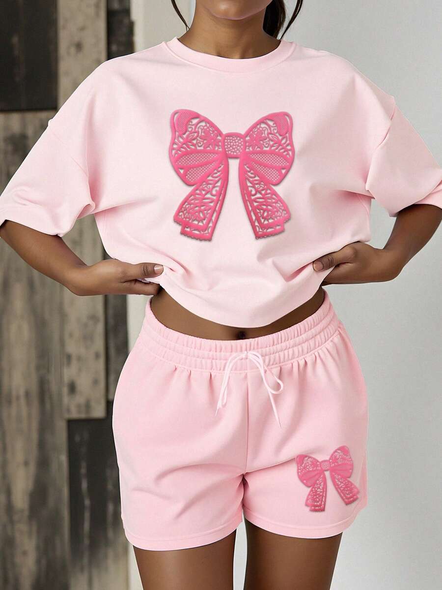 HESSEN 女士休闲时尚纯色宽松日常百搭蝴蝶结卫衣，泡泡袖印花圆领上衣和短裤两件套，女士两件套服装，健身慢跑运动服，返校装，女士教师装，圣诞节，感恩节