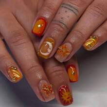 24Pcs Orange Pink Square Press On Nails Short Acrylic Fake Nails Summer Flower Nails 3D French Tip False Nails With Floral Pattern Design Handmade Nails Press Ons Reusable Stick On Nails For Women - Style 19 - 查看 1