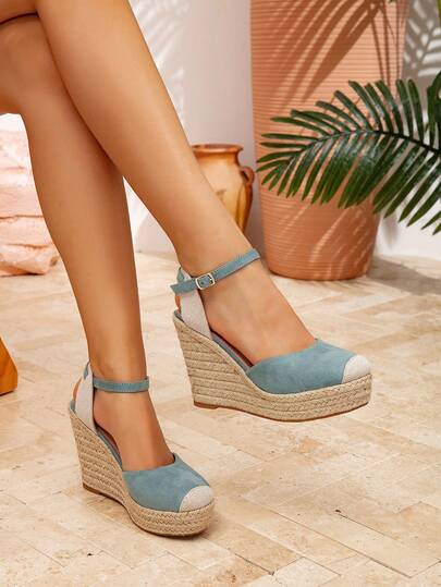 Damklack med tjock botten, rund tå, spänne och hög klack, himmelsblå, casual strandsandaler i bohemisk stil