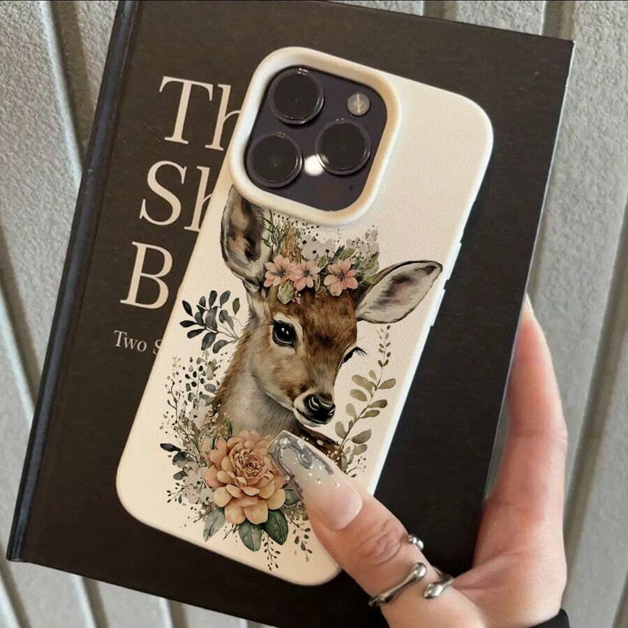1pc TPU Material Floral Deer Pattern Phone Case Compatible With Apple/ Phones,International Version, Not The Domestic Version - White - View 1