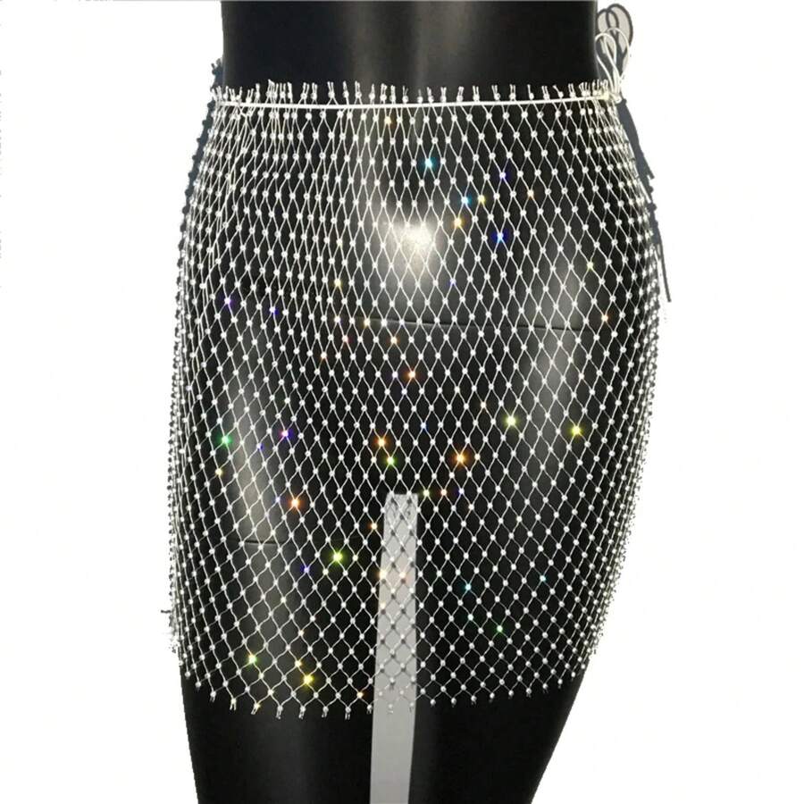 FestivalQueen Women's Rhinestone Mesh Hollow Out Mini Skirt Glitter Crystal Fishnet Grid Cover Up See Through Solid Empire Adjus - trắng - Xem 1