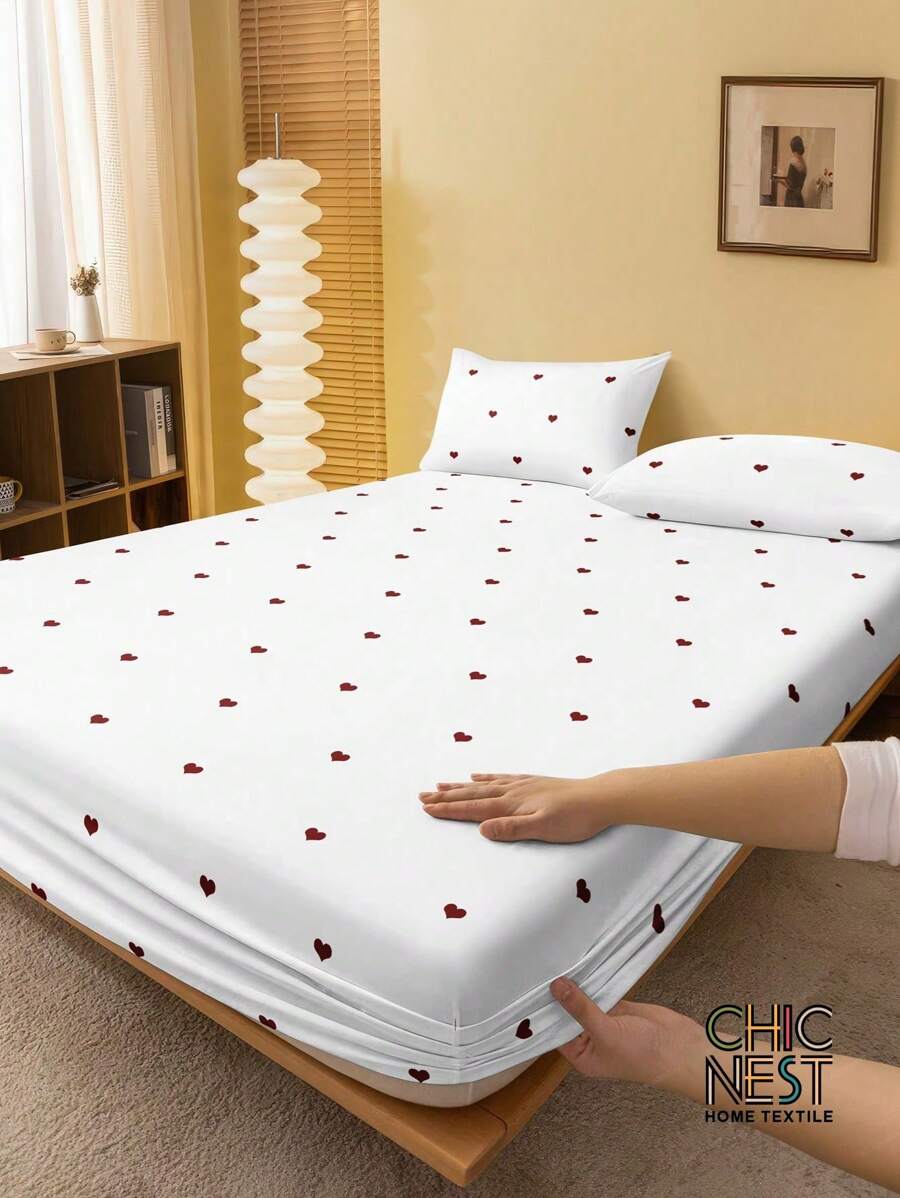 2/3pcs White Black Heart-Shaped Love Fitted Sheet Set (1Pc Fitted Sheet+2pcs Pillowcases), Mattress Protector, Mattress Cover For Bed, Bed Sheet Set, Soft And Breathable, For All Size Bed -Twin, Full, King, Queen Size Sheet Deep Pocket Up To 11.8 Inch Home Textile