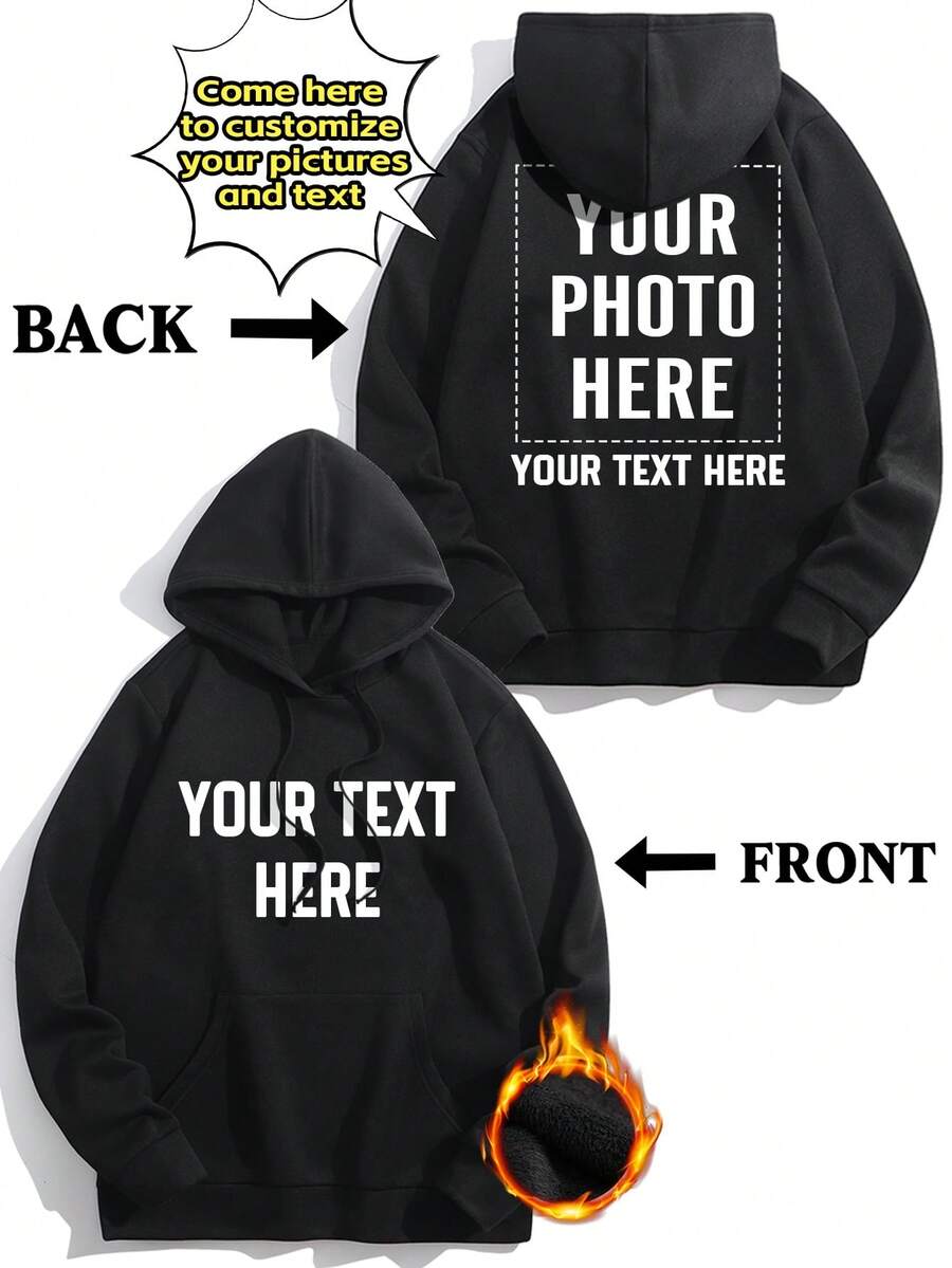 Customized Graphic Fleece Hoodie For Women, Black, Personalized With Friend/Family/Couple/Pet Photos, Suitable For Birthday, Anniversary, Valentine's Day, Halloween, Christmas, Party Gift, Autumn/Winter, Utilitarian Chic, Fall New Style Women Graphic Print,Casual Wear SS - Black - View 1