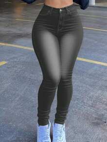 Womens Classic High Waisted Skinny Stretch Curvy Butt Lifting Jeans Slim Fit Denim Pants - 灰色 - 查看 1