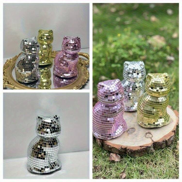1pc Gold/Silver/Pink (Cat-Shaped) Mirror Disco Ball Decor - Colorful Retro Glass Sculpture, Suitable For 70s 80s Theme Party, Christmas, Valentine's Day Gifts, No Electricity Required Home Decor - Baby Pink - View 5