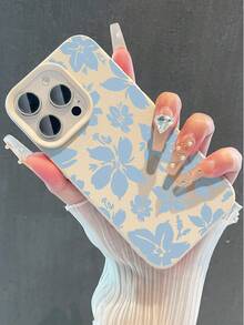 1 pieza Funda de teléfono suave, antideslizante y a prueba de caídas con patrón floral azul minimalista y textura de litchi, compatible con Apple y otros teléfonos