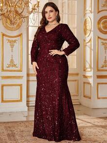 UNITHORSE UNITHORSE Damen Große Größen Formell & Abend Elegantes V-Ausschnitt Pailletten Langarm Vorderseite gefaltet Taille anliegendes glitzerndes langes Kleid, Brautkleid, Geburtstagsoutfit für Frauen, Abschlussballkleid, Herbstbekleidung für Frauen