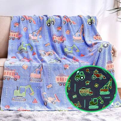 1 pieza Manta de franela con diseño de autos y excavadoras, que brilla en la oscuridad, de tela suave y acogedora, adecuada para adolescentes, excelente para sofá, dormitorio, viajes y regalo para amigos y compañeros de clase