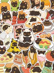50pcs Greedy Little Black Cat Sticker Funny Cartoon Food Decals For Water Bottle Laptop Luggage Cup Computer Journal Diary Phone Stickers - Multicolor - View 1