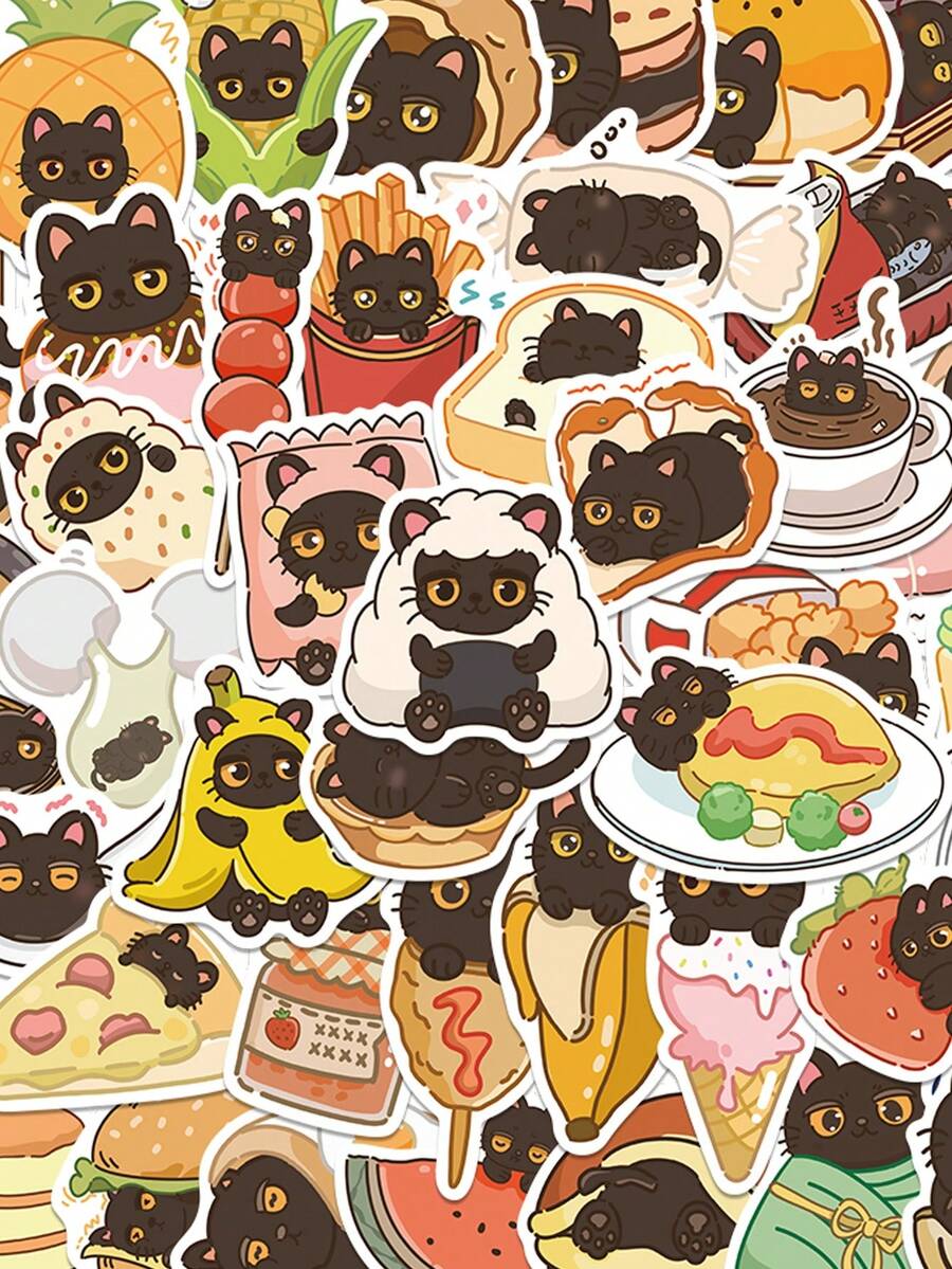 50pcs Greedy Little Black Cat Sticker Funny Cartoon Food Decals For Water Bottle Laptop Luggage Cup Computer Journal Diary Phone Stickers - Multicolor - View 1