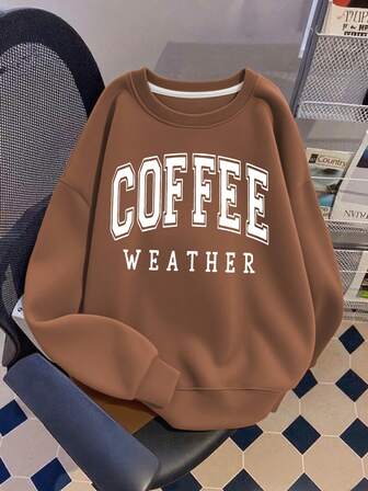 少女街头时尚字母图案印花超大宽松长袖圆领卫衣，趣味风格，女孩纯色圆领卫衣