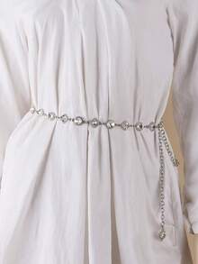 Silver Versatile Square & Round Rhinestone Decor Thin Waist Chain, Minimalist Chic Fashion Accessory To Pair With Dresses And Shirts Fall, Autumn, Halloween - Multicolor - View 6