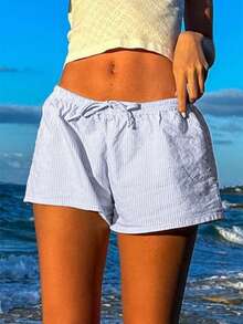 Sunny Summer Y2k Back To School Stripe Print Tether Minimalist Everyday Shorts - Blue - View 8