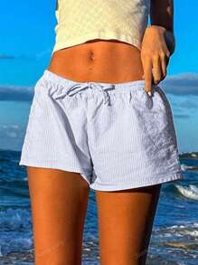 Sunny Girly Autumn Women's Back To School Stripe Print Tether Minimalist Everyday Shorts