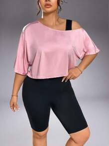 1 件女士加大码不对称肩纯色休闲运动短款上衣，百搭