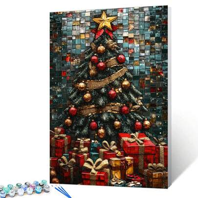 Christmas Tree Digital Oil Painting Kit (For Adults And Beginners), DIY Oil Painting Crafts For Christmas Gifts, Acrylic Digital Painting Kits, Digital Oil Painting Kits, Painting By Numbers On Brushes, Home Wall Decoration Gift, Size 16″ X 20″ (Unframed)