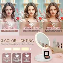 Espejo de maquillaje LED ajustable, iluminación inteligente de 3 colores, brillo ajustable, carga USB con un solo toque, espejo de sobremesa de alta definición giratorio 180°, bandeja portátil desmontable, espejo cosmético electrónico de viaje, adecuado para dormitorio, baño, mesita de noche, dormitorio, gran regalo para el Día de la Madre, cumpleaños, mujeres - Multicolor - Ver 6