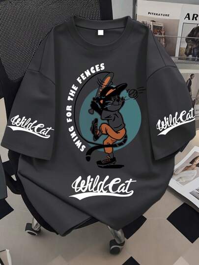 Camiseta de manga corta con estampado de gato salvaje, de tela suave y fresca, para uso deportivo casual de primavera y verano, para adolescentes varones