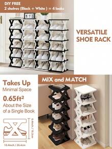 9/6 Tier Vertical Shoe Stand Space Saving Narrow Shoe Rack, Small Shoe Shelf, DIY Free Standing Shoes Storage Organizer For Entryway, Closet, Hallway, Easy Assembly And Stable In Structure, Black & White, Plastic Material, Consumables - 黑色+白色 - 查看 5