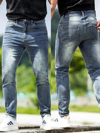 Fashionable Versatile Retro Vintage Washed Blue Elastic Slim Fit Comfortable Men's Jeans