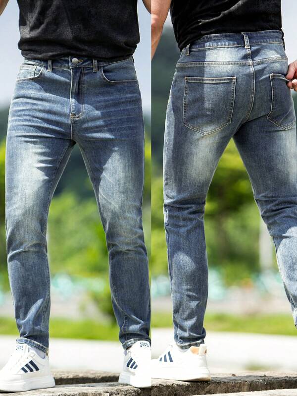 Jeans pour hommes élastiques slim fit confortables, de style vintage rétro bleu délavé et polyvalent